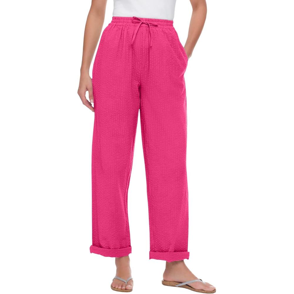 image:imageWoman Within Plus Size Seersucker PullOn ElasticWaist PantsRaspberry Sorbet