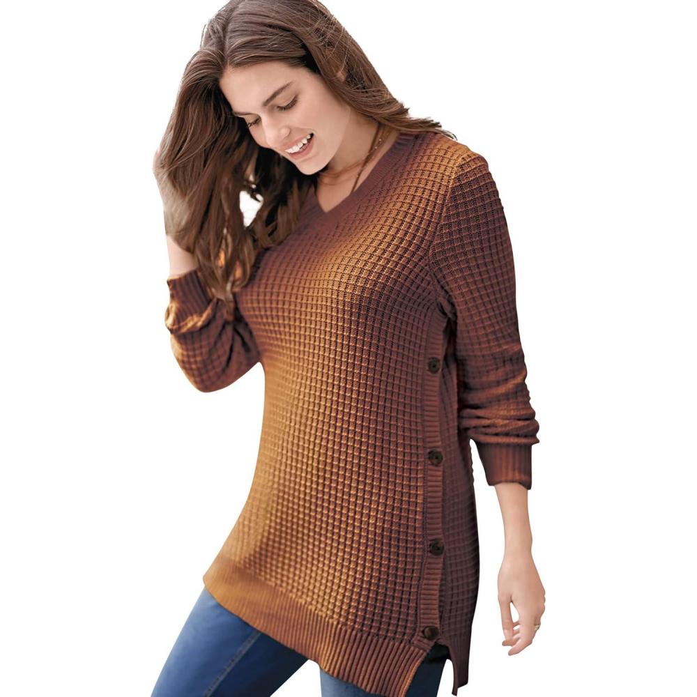 image:imageWoman Within Plus Size Side Button VNeck Waffle Knit SweaterAntique Copper