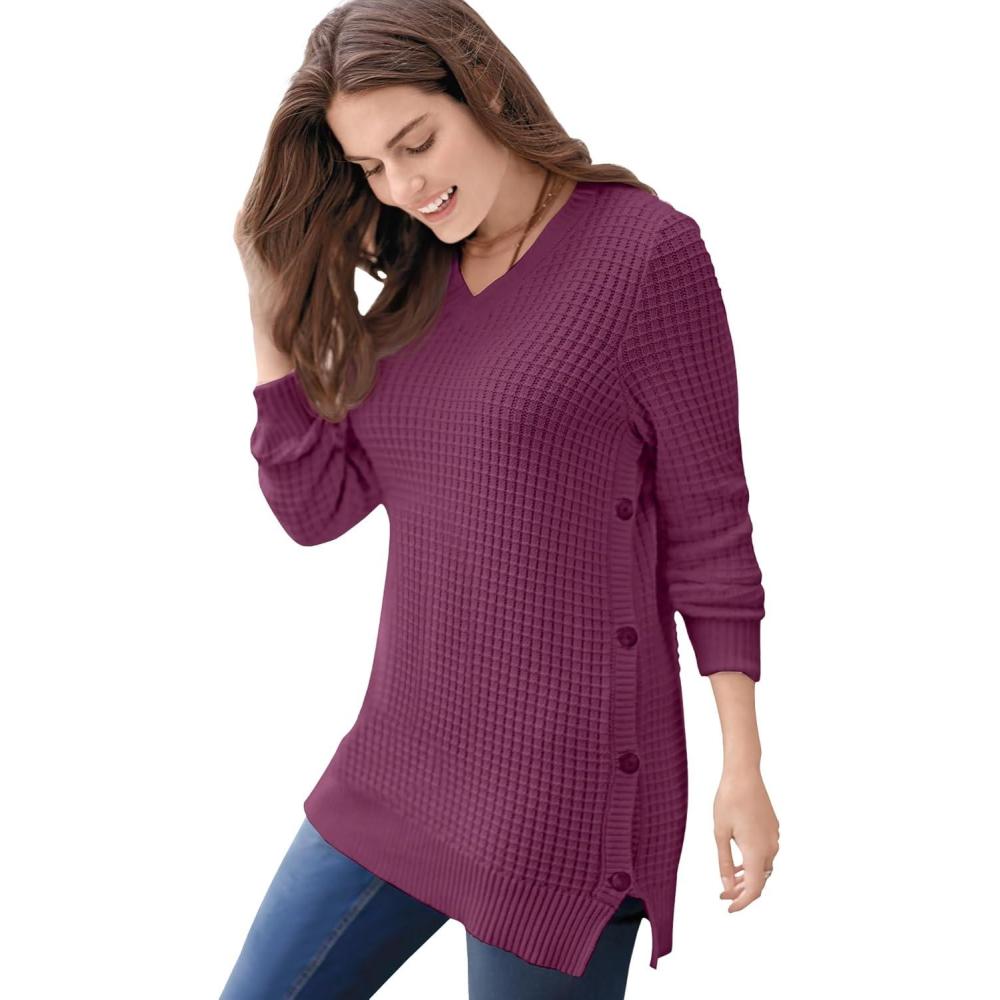 image:imageWoman Within Plus Size Side Button VNeck Waffle Knit SweaterDeep Claret
