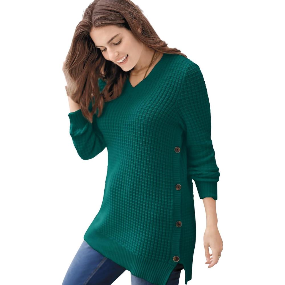image:imageWoman Within Plus Size Side Button VNeck Waffle Knit SweaterEmerald Green