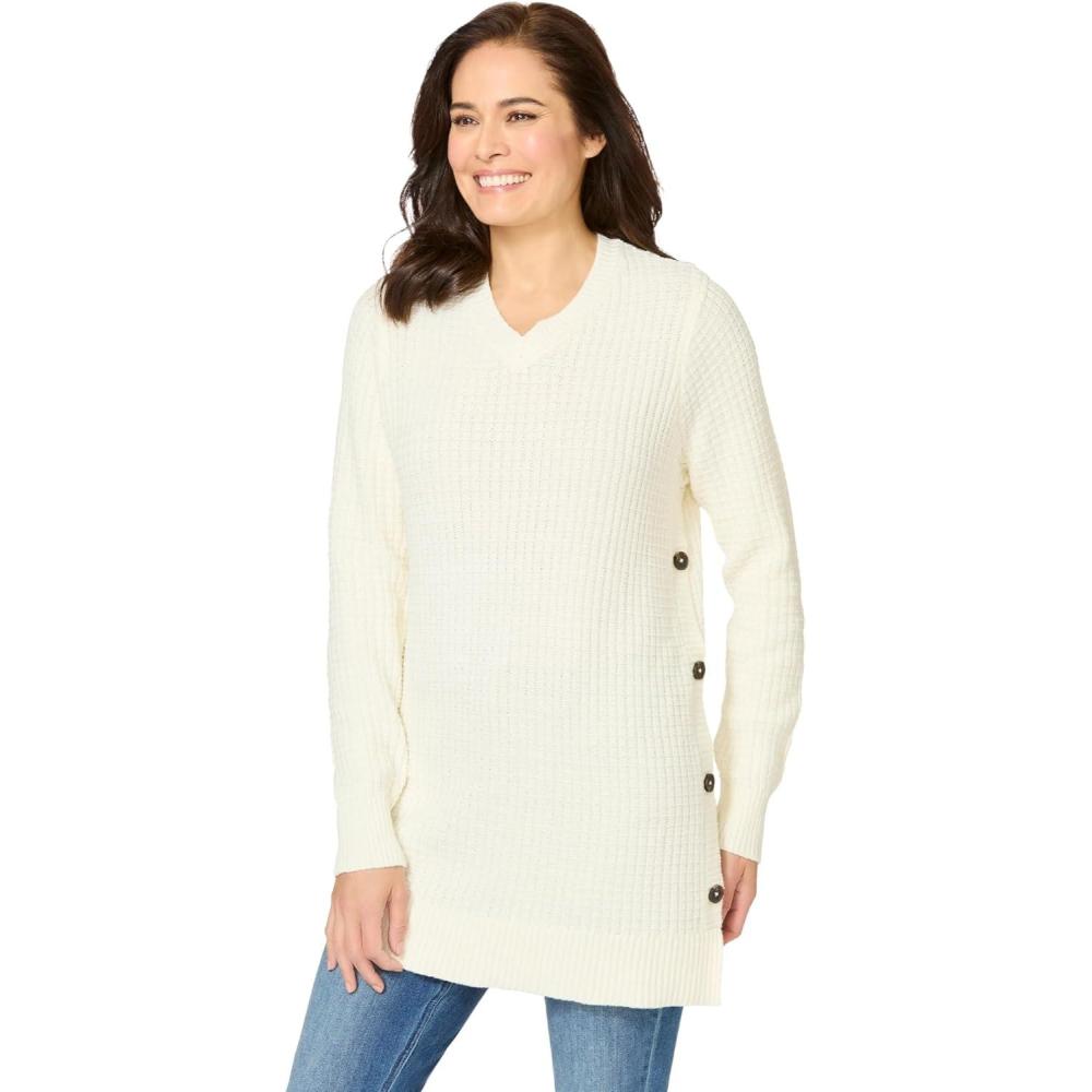 image:imageWoman Within Plus Size Side Button VNeck Waffle Knit SweaterIvory