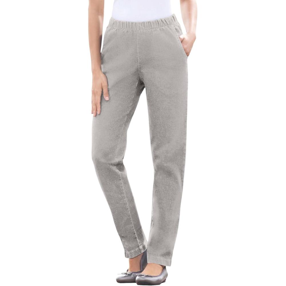 image:imageWoman Within Plus Size Straight Leg Elastic Waist Stretch Fineline Denim Jean Petite amp Tall AvailableGrey Denim