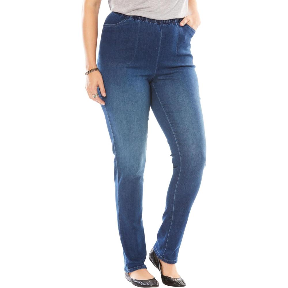 image:imageWoman Within Plus Size Straight Leg Elastic Waist Stretch Fineline Denim Jean Petite amp Tall AvailableStonewash Sanded