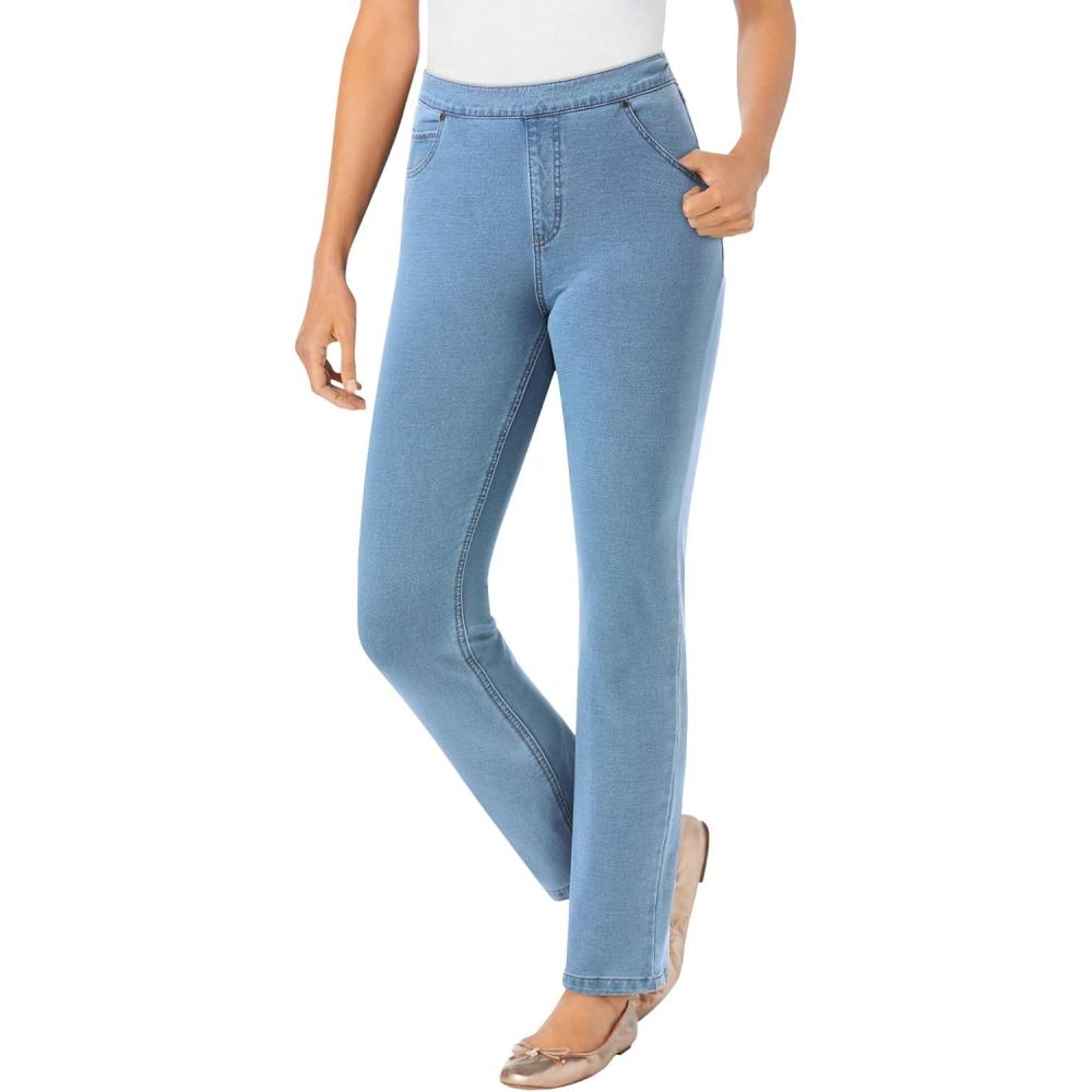 image:imageWoman Within Plus Size StraightLeg Stretch Knit Denim FivePocket JeansLight Wash