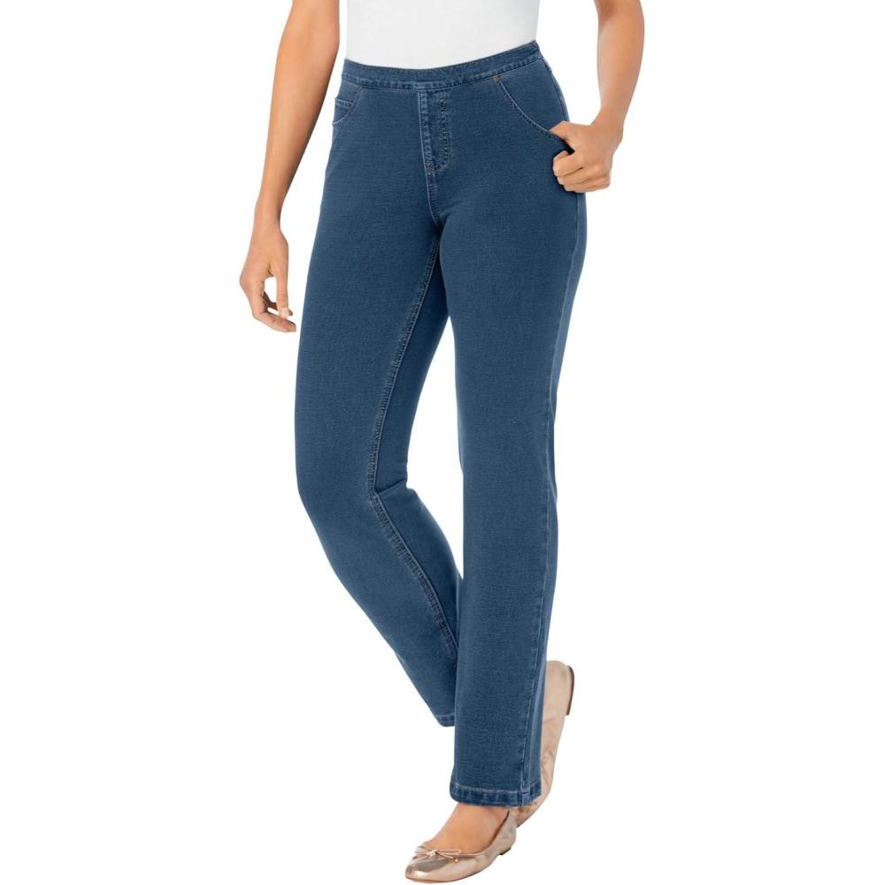 image:imageWoman Within Plus Size StraightLeg Stretch Knit Denim FivePocket JeansMedium Stonewash