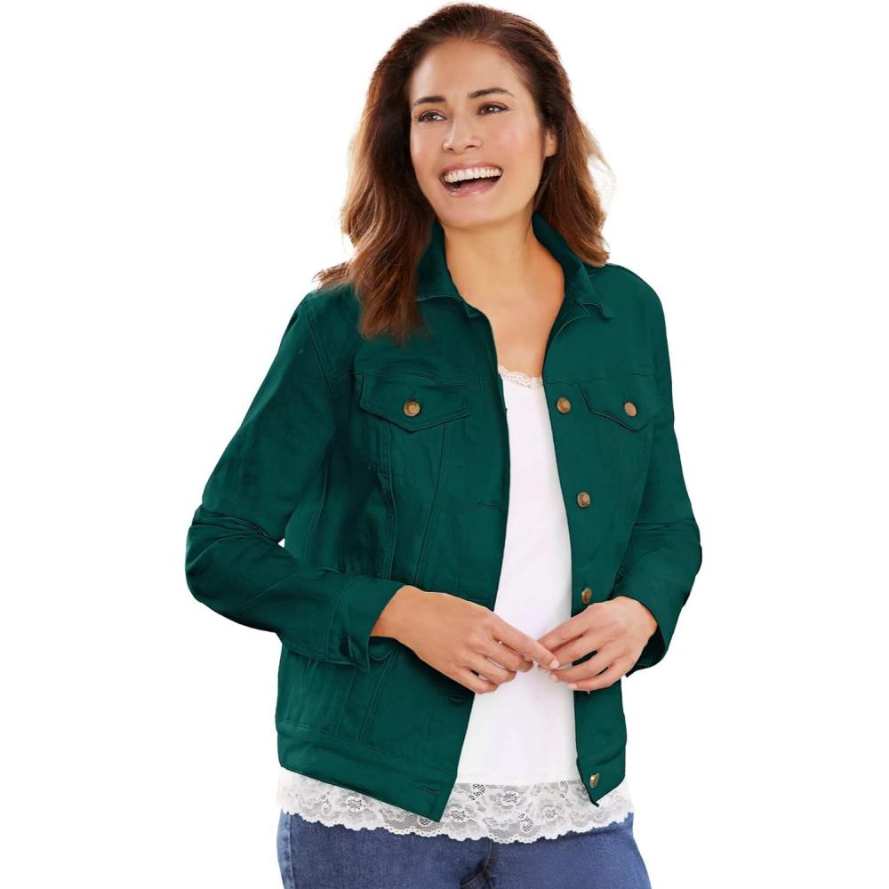 image:imageWoman Within Plus Size Stretch Denim Jacket Cropped Jean JacketEmerald Green