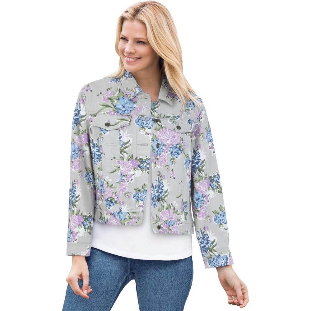 image:imageWoman Within Plus Size Stretch Denim Jacket Cropped Jean JacketPearl Grey Vine Bloom