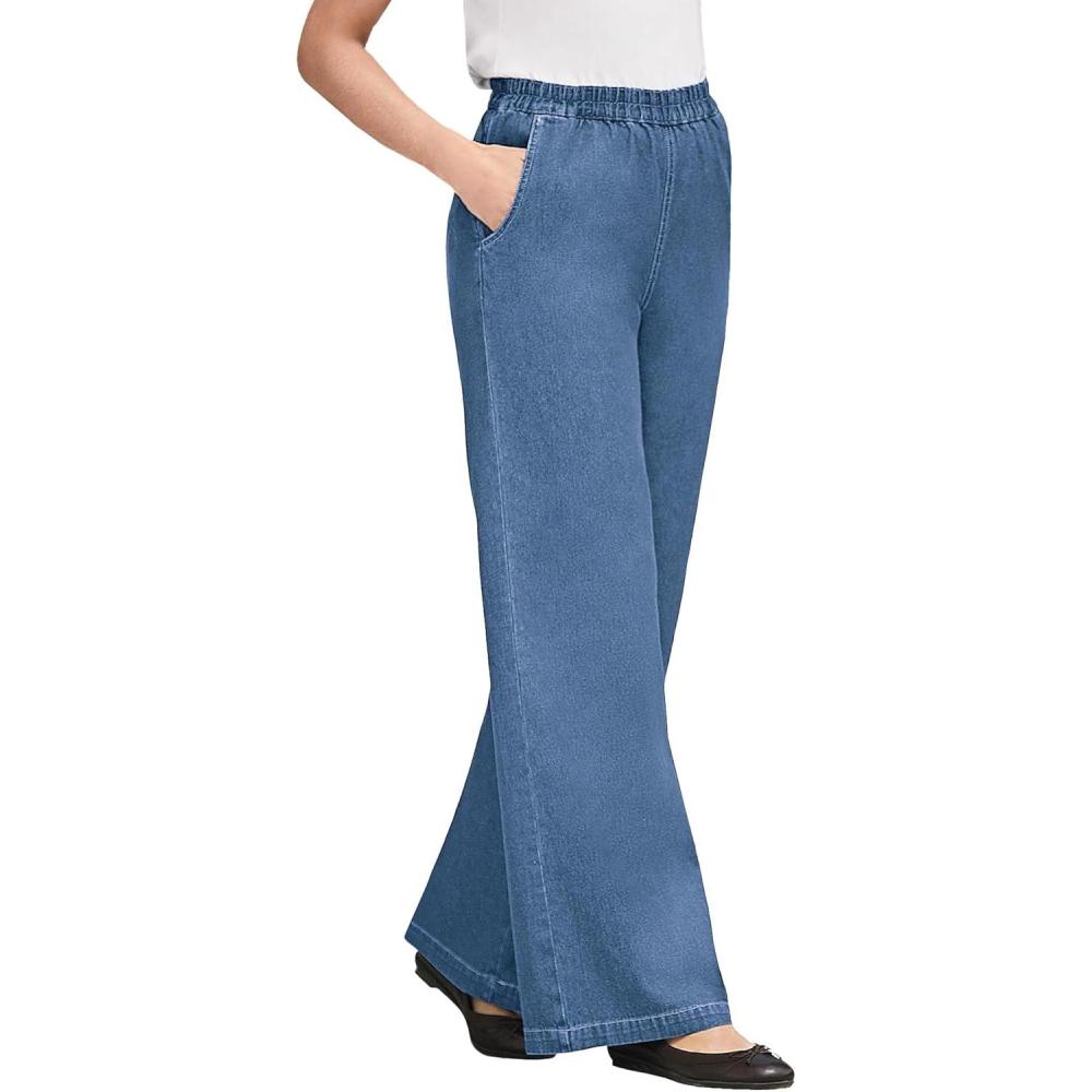 image:imageWoman Within Plus Size Tall Perfect ElasticWaist WideLeg AllCotton PullOn Denim JeansLight Stonewash