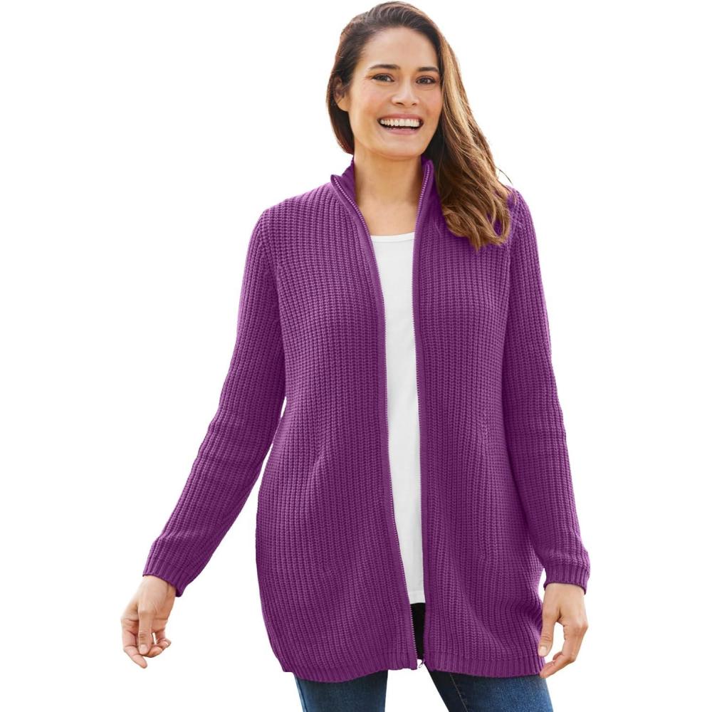 image:imageWoman Within Plus Size Zip Front Shaker Cardigan SweaterPlum Purple