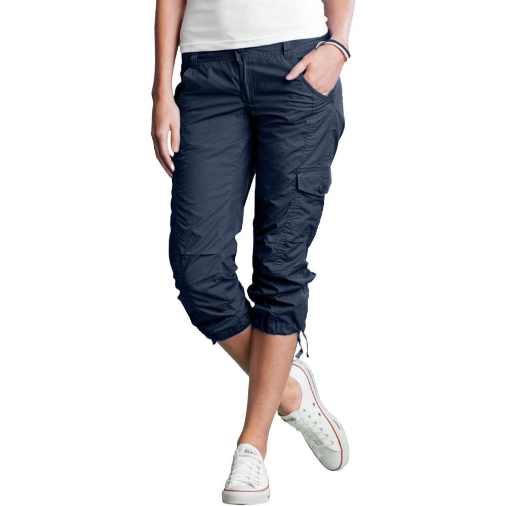 image:imageellos Womens Plus Size Stretch Cargo Capris Front and Side Pockets Casual Cropped PantsNavy