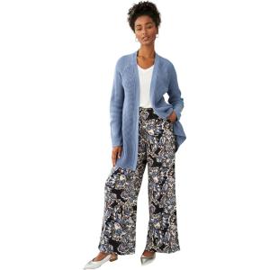 Ellos Plus Size Wide-Leg Soft Pants with Back Elastic(Black Dusty Blue Floral)