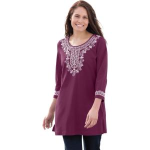 Woman Within Plus Size Embroidered Knit Tunic(Deep Claret)