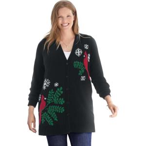 Woman Within Plus Size Holiday Motif Cardigan Sweater(Black Red Birds)