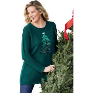 Woman Within Plus Size Holiday Motif Sweater(Emerald Green Tree)