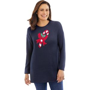 Woman Within Plus Size Holiday Motif Sweater(Navy Candy Cane)