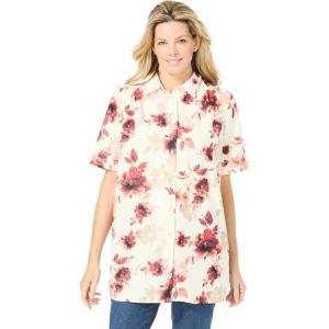 Woman Within Plus Size No Iron Short Sleeve Peachskin Shirt(Ivory Romantic Floral)