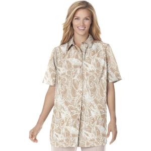 Woman Within Plus Size No Iron Short Sleeve Peachskin Shirt(New Khaki Paisley)