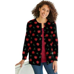 Woman Within Plus Size Perfect Long-Sleeve Cardigan Sweater(Black Poinsettia)
