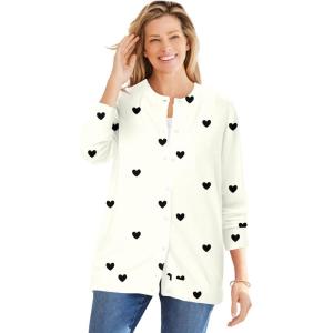 Woman Within Plus Size Perfect Long-Sleeve Cardigan Sweater(Ivory Black Heart)