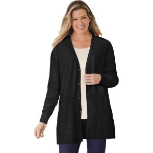 Woman Within Plus Size Perfect Longer-Length Cotton Cardigan Sweater(Black)