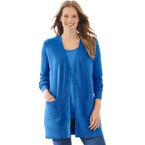 Woman Within Plus Size Perfect Longer-Length Cotton Cardigan Sweater(Bright Cobalt)