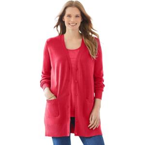 Woman Within Plus Size Perfect Longer-Length Cotton Cardigan Sweater(Classic Red)
