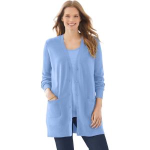 Woman Within Plus Size Perfect Longer-Length Cotton Cardigan Sweater(French Blue)