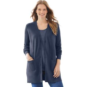 Woman Within Plus Size Perfect Longer-Length Cotton Cardigan Sweater(Navy)