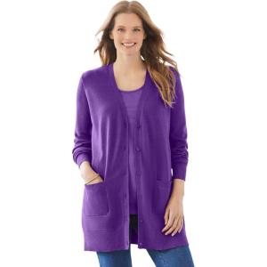 Woman Within Plus Size Perfect Longer-Length Cotton Cardigan Sweater(Radiant Purple)