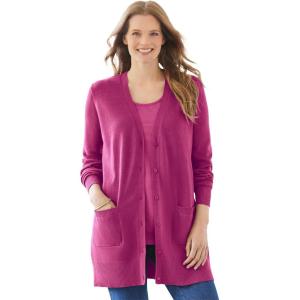 Woman Within Plus Size Perfect Longer-Length Cotton Cardigan Sweater(Raspberry)