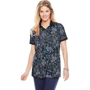 Woman Within Plus Size Perfect Printed Short-Sleeve Polo Shirt(Black Paisley)