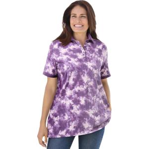 Woman Within Plus Size Perfect Printed Short-Sleeve Polo Shirt(Petal Purple Tie Dye)