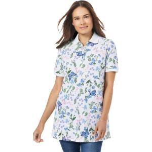 Woman Within Plus Size Perfect Printed Short-Sleeve Polo Shirt(White Butterflies)