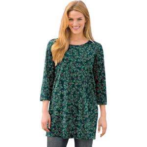 Woman Within Plus Size Perfect Printed Three-Quarter-Sleeve Scoopneck Tunic(Emerald Green Leaf Print)