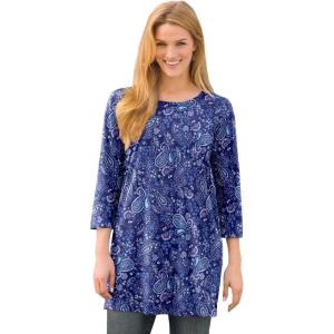 Woman Within Plus Size Perfect Printed Three-Quarter-Sleeve Scoopneck Tunic(Evening Blue Paisley)