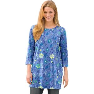 Woman Within Plus Size Perfect Printed Three-Quarter-Sleeve Scoopneck Tunic(French Blue Jacquard Floral)