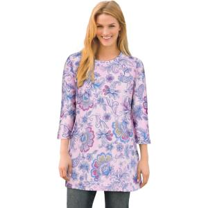 Woman Within Plus Size Perfect Printed Three-Quarter-Sleeve Scoopneck Tunic(Pink Tie Dye Batik)