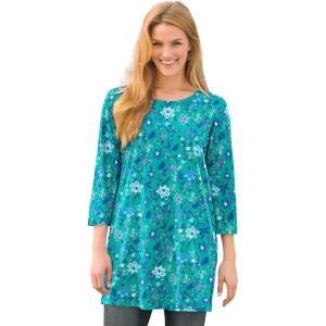 Woman Within Plus Size Perfect Printed Three-Quarter-Sleeve Scoopneck Tunic(Pretty Jade Jacquard Floral)