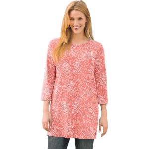 Woman Within Plus Size Perfect Printed Three-Quarter-Sleeve Scoopneck Tunic(Sweet Coral Palm)