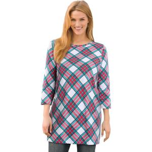 Woman Within Plus Size Perfect Printed Three-Quarter-Sleeve Scoopneck Tunic(White Red Plaid)