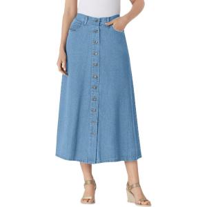Woman Within Plus Size Perfect Side-Elastic All-Cotton Button Front Denim Jeans Skirt(Light Stonewash)