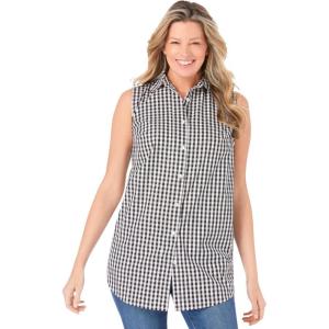 Woman Within Plus Size Perfect Sleeveless Shirt(Black Gingham)