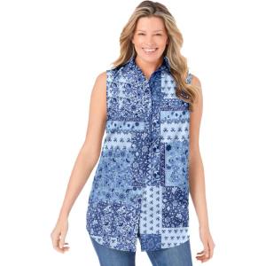 Woman Within Plus Size Perfect Sleeveless Shirt(French Blue Patched Paisley)