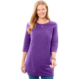 Woman Within Plus Size Perfect Three-Quarter-Sleeve Scoopneck Tunic(Radiant Purple)
