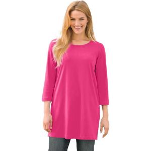 Woman Within Plus Size Perfect Three-Quarter-Sleeve Scoopneck Tunic(Raspberry Sorbet)