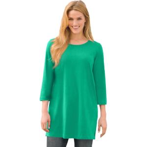 Woman Within Plus Size Perfect Three-Quarter-Sleeve Scoopneck Tunic(Tropical Emerald)