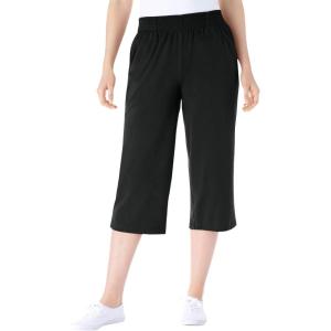 Woman Within Plus Size Petite Elastic-Waist Pull-On Knit Pocket Capri Pants(Black)