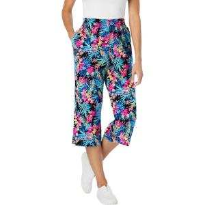 Woman Within Plus Size Petite Elastic-Waist Pull-On Knit Pocket Capri Pants(Black Multi Watercolor Tropicana)