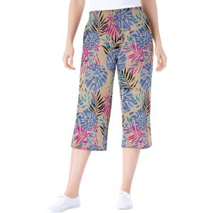 Woman Within Plus Size Petite Elastic-Waist Pull-On Knit Pocket Capri Pants(New Khaki Rainforest)