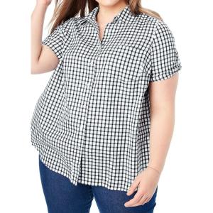 Woman Within Plus Size Petite Short-Sleeve Button Down Seersucker Shirt(Black Gingham)